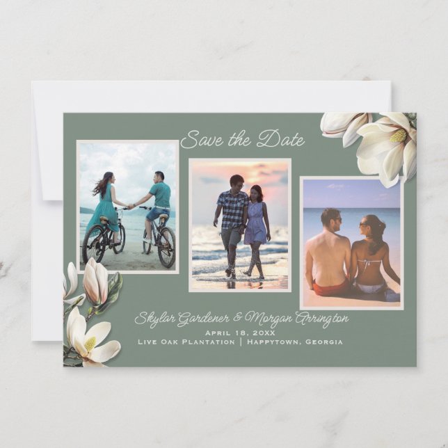 Magnolia Blume Drei Foto Hochzeit speichern das Da Save The Date (Vorderseite)