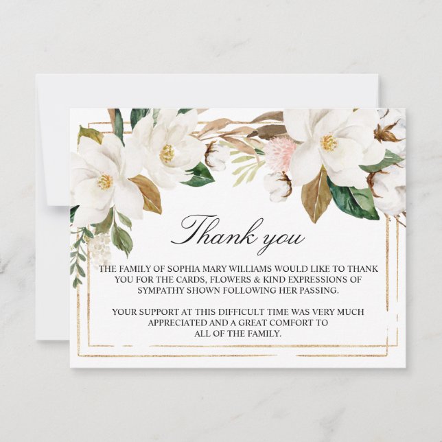 Magnolia Blume & Gold Frame Beerdigung Vielen Dank Dankeskarte (Vorderseite)