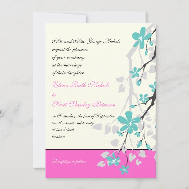 Magnolia Blume türkis, heiß rosa Hochzeit Einladung (Vorderseite)