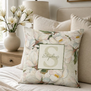 Magnolia-Blumen-Monogramm-Wurfkissen Kissen