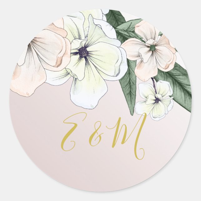 Magnolia Blush Floral Elegante Klassik Hochzeit Runder Aufkleber (Vorderseite)