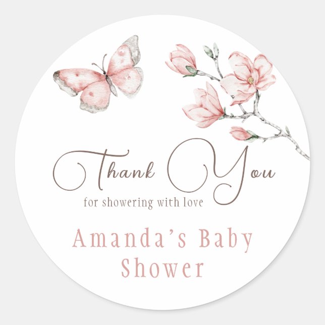 Magnolia Blush Pink Butterfly Baby Dusche Gefallen Runder Aufkleber (Vorderseite)