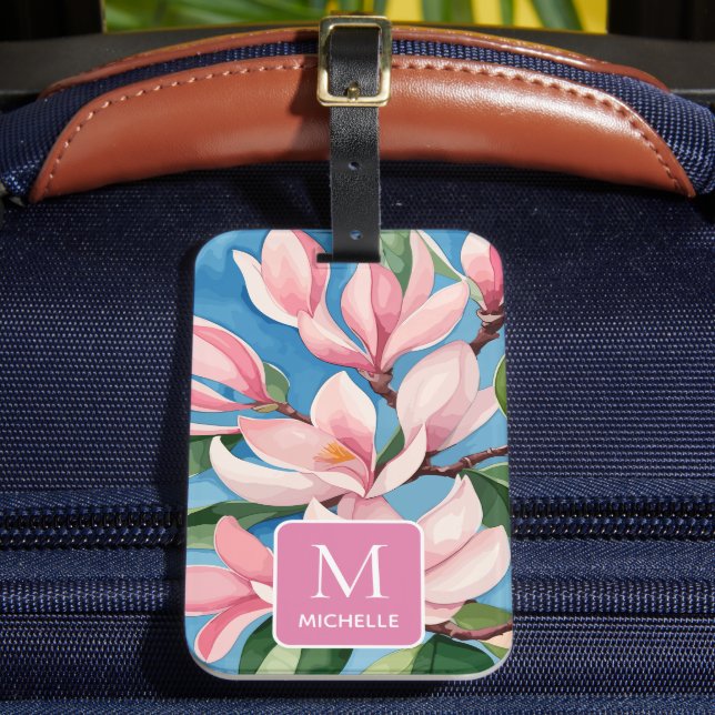Magnolia Botanische Moderne Kunst rosa Monogramm Gepäckanhänger (Vorderseite Insitu 2)