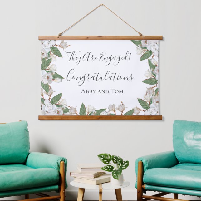 Magnolia Botanische Verlobung-Banner Wandteppich Mit Holzrahmen (Wohnzimmer)