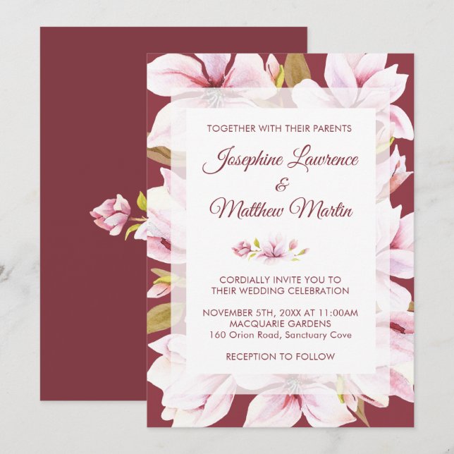 Magnolia Burgund Einladungen zur Hochzeit der Flor (Vorne/Hinten)