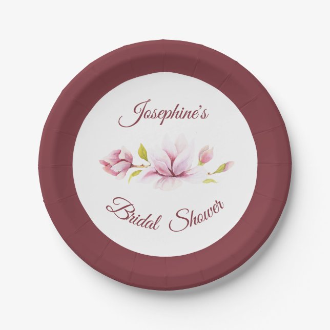 Magnolia Burgundy Brautparty Pappteller (Vorderseite)