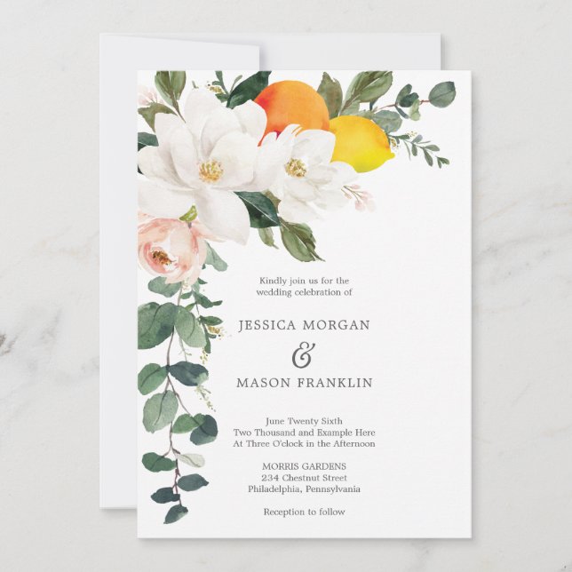Magnolia Citrus Hochzeitseinladung Einladung (Vorderseite)