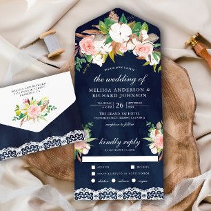 Magnolia Cotton Blush Pink Floral Navy Hochzeit All In One Einladung
