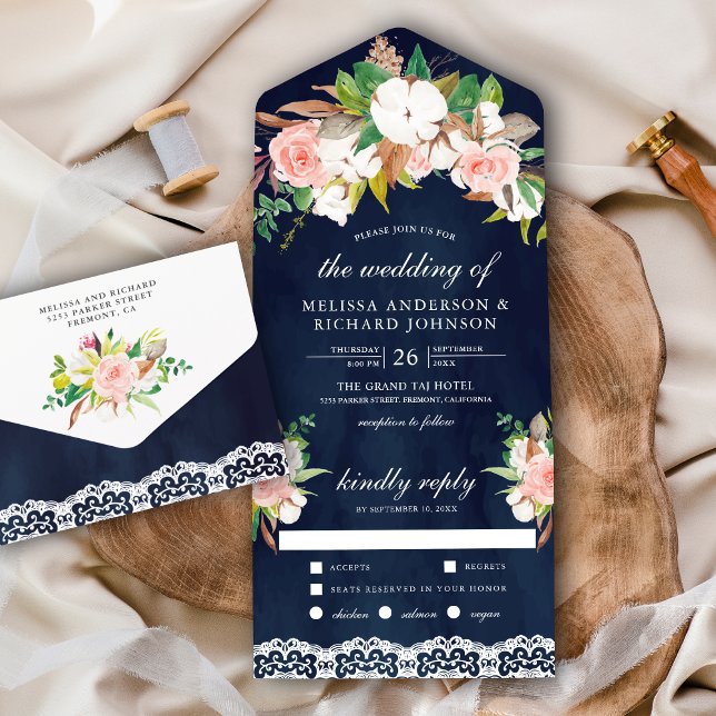 Magnolia Cotton Blush Pink Floral Navy Hochzeit All In One Einladung (Von Creator hochgeladen)