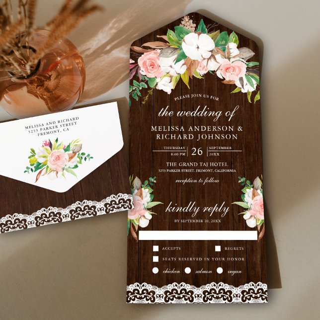 Magnolia Cotton Blush Pink Floral Wood Wedding All In One Einladung (Von Creator hochgeladen)