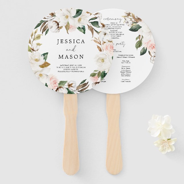 Magnolia Cotton Round Wedding Program Fan Fächer (Vorne und Hinten)