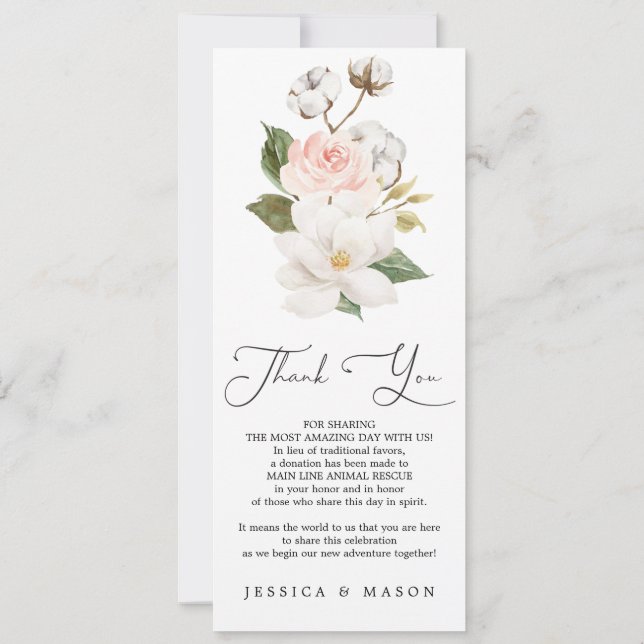Magnolia Cotton Wedding Menü und vielen Dank Einladung (Rückseite)