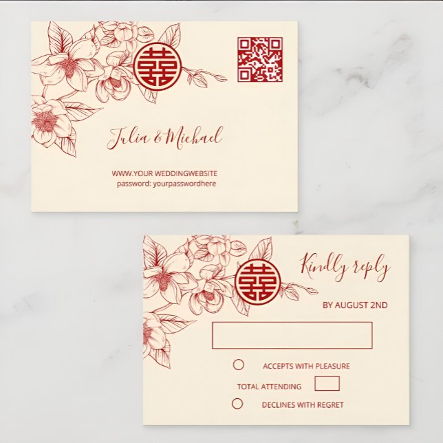 Magnolia Cream Red Chinese Wedding RSVP Karte (Von Creator hochgeladen)
