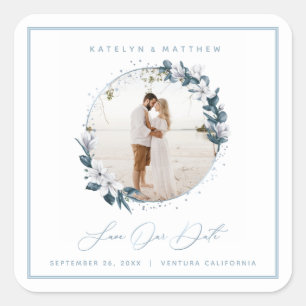 Magnolia & Dusty Blue Circle Foto Save The Date Quadratischer Aufkleber