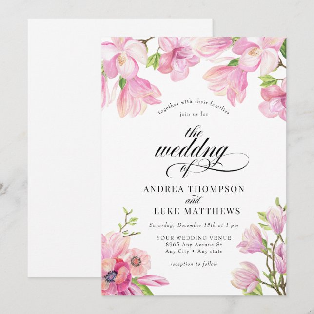 Magnolia | Einladungen zu Hochzeiten in Rosa (Vorne/Hinten)