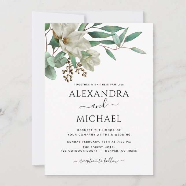 Magnolia Eucalyptus Foto Elegante Hochzeit Einladung (Vorderseite)