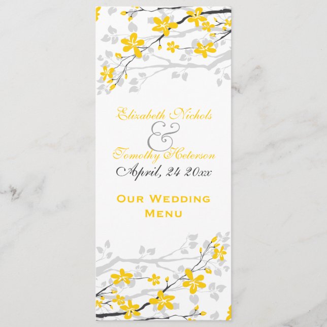 Magnolia fleurs jaune, gris mariage Carte menu (Devant)