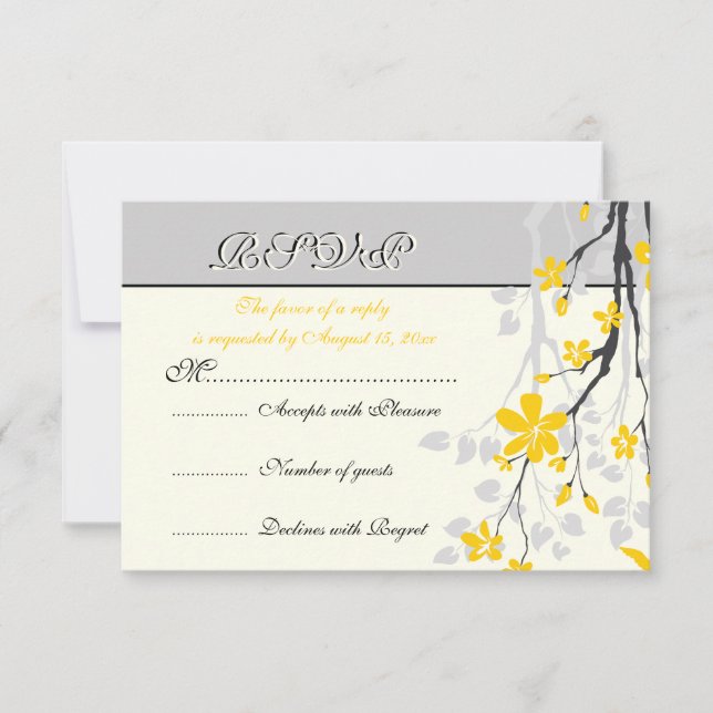 Magnolia fleurs jaune, gris mariage carte RSVP (Devant)
