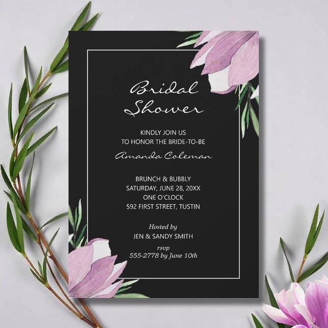 Magnolia Floral Black Brautparty Einladung (Watercolor magnolia flowers bridal shower invitations - INSTANT DOWNLOAD and/or PRINTED or both!)