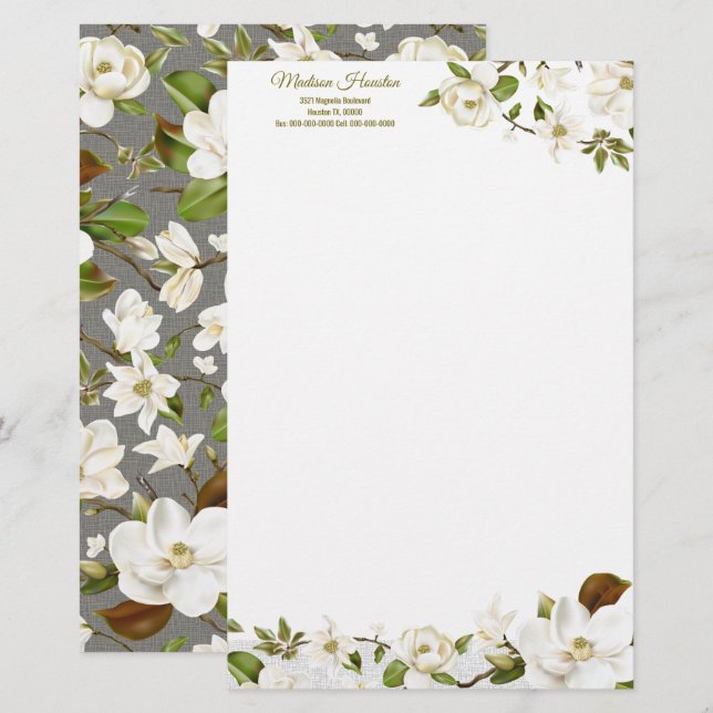 Magnolia Floral Briefpapier (Vorne/Hinten)