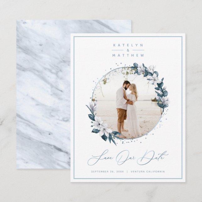 Magnolia Floral & Dusty Blue Circle Gerahmtes Foto Save The Date (Vorne/Hinten)