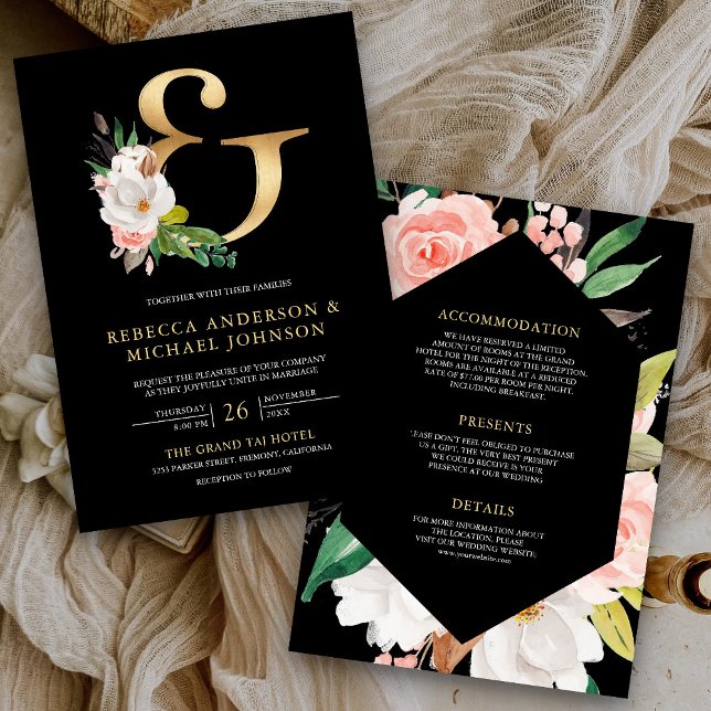 Magnolia Floral Gold Ampersand Black Wedding Einladung (Von Creator hochgeladen)