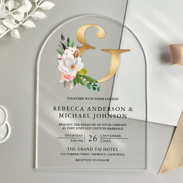 Magnolia Floral Gold Ampersand Wedding Acryleinladungen (Von Creator hochgeladen)