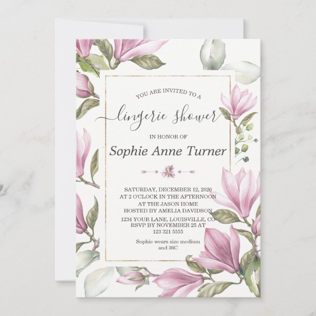 Magnolia Floral Gold Calligraphy Lingerie Dusche Einladung (Vorderseite)