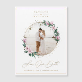 Magnolia Floral Gold Circle Foto Save the Date Magnetkarte