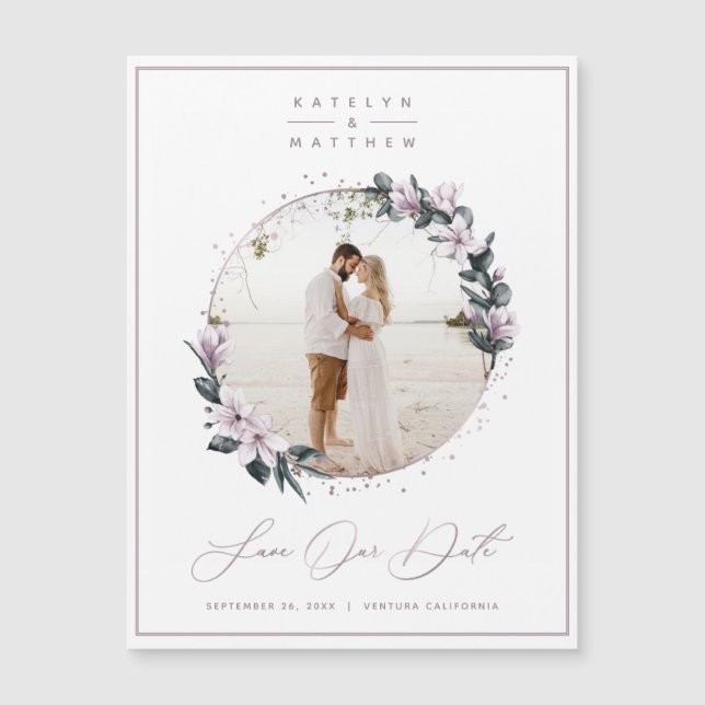 Magnolia Floral & Mauve Circle Foto Save The Date Magnetkarte (Vorderseite)