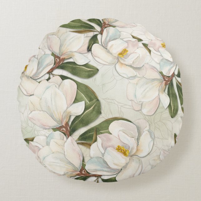 Magnolia Floral Rundwurfpilz Rundes Kissen (Vorderseite)