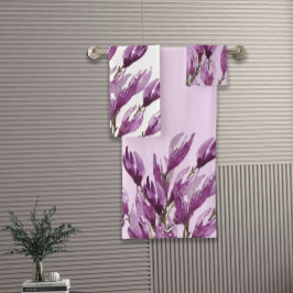 Magnolia Floral Wasserfarbe Violett Pinselstrich Badhandtuch Set