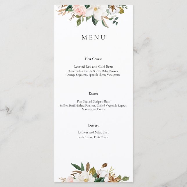 Magnolia Floral Wedding Menu Menükarte (Vorderseite)