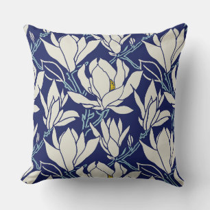 Magnolia-Grafik im Indigo-Muster Kissen