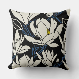 Magnolia-Grafik in beigem und schwarzem Muster Kissen