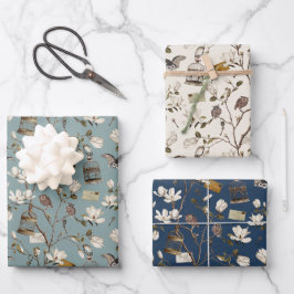 Magnolia Grove with Owls in Cream and Blue Geschenkpapier Set