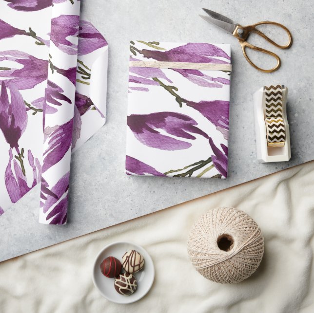 Magnolia Lila Violett Wasserfarbe Geschenkpapier (Kunsthandwerk)