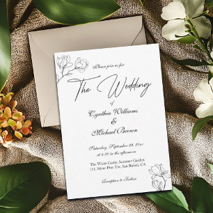 Magnolia Line Art Black and White Wedding Einladung