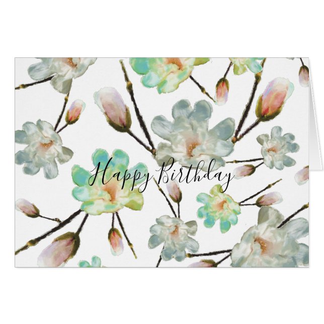Magnolia Pattern Happy Birthday Card (Vorderseite (Horizontal))