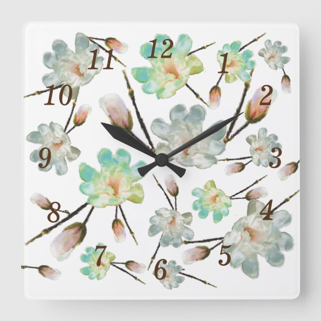 Magnolia Pattern Wall Clock Quadratische Wanduhr (Vorderseite)