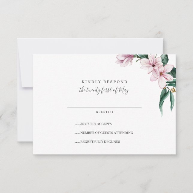 Magnolia peint et feuille | Gris | Mariage RSVP (Devant)
