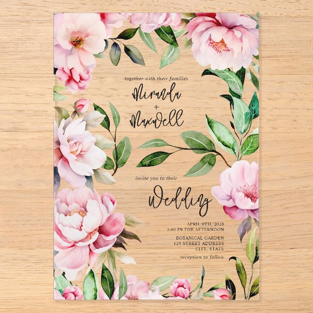 Magnolia Peony Pink Watercolor Blumenhochzeit Acryleinladungen (Vorderseite)