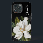 Magnolia Personalisiert Case-Mate iPhone Hülle<br><div class="desc">Eine elegante Magnolia-Abbildung auf einem schwarzen Hintergrund mit Aquarellfarbe. Bearbeiten Sie den Namen,  indem Sie auf Personalisieren klicken.</div>