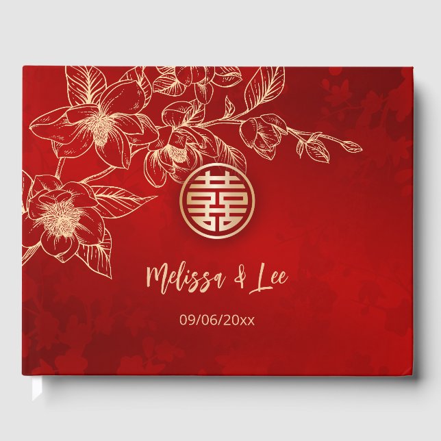 Magnolia Red Gold Chinese Wedding Gästebuch (Vorderseite)