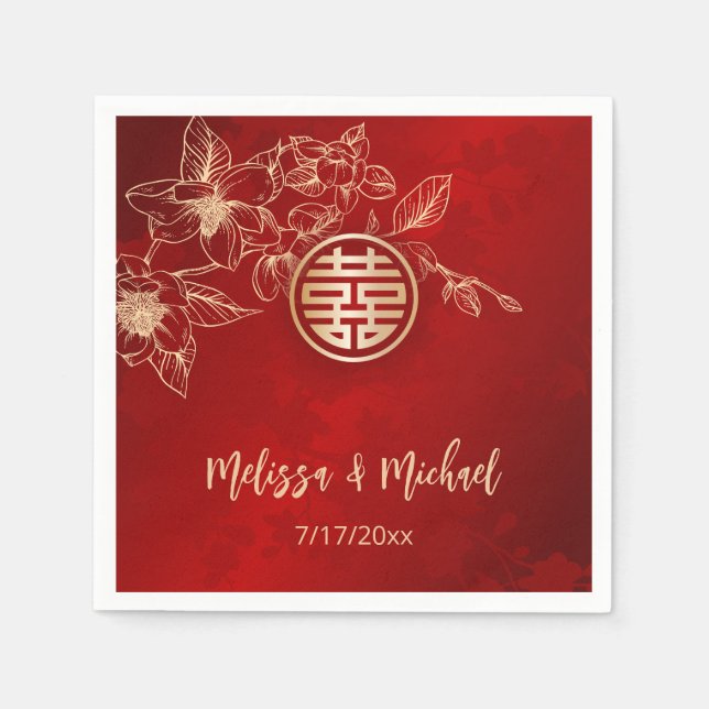 Magnolia Red Gold Chinese Wedding Serviette (Vorderseite)