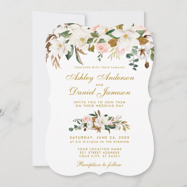 Magnolia Rose Flora Hochzeit Gold Einladung (Vorderseite)