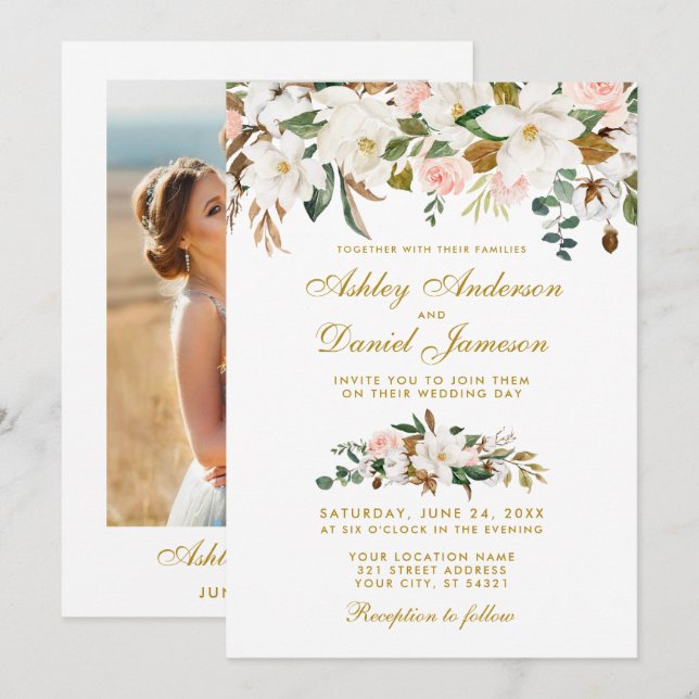 Magnolia Rose Foto Hochzeit Gold Einladung (Vorne/Hinten)