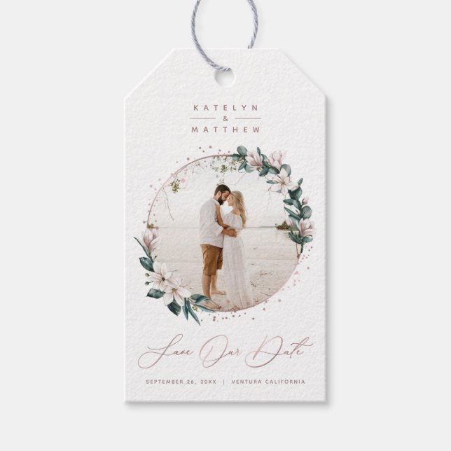 Magnolia & Rose Gold Circle Foto Save the Date Geschenkanhänger (Vorderseite)