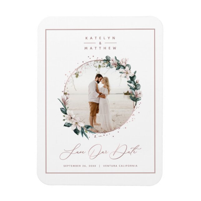 Magnolia & Rose Gold Circle Foto Save the Date Magnet (Vertikal)