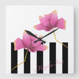 Magnolia Rosé Moderne Blumen und Streifen Quadratische Wanduhr
